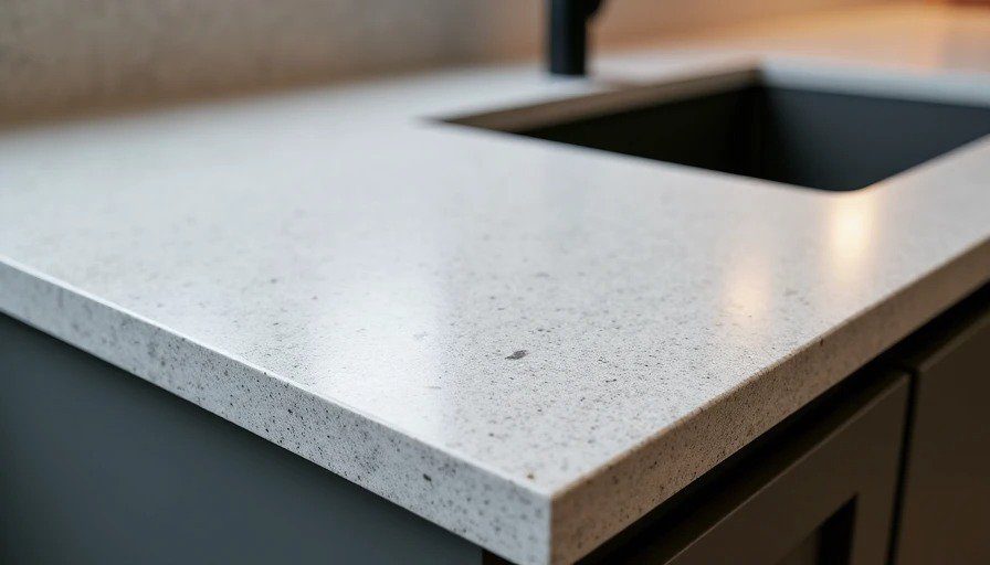 Quartz countertop surface in rental kitchen