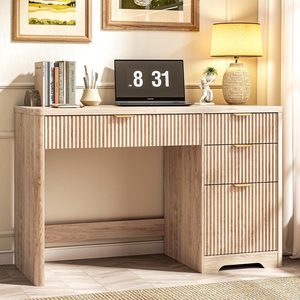 Vabches 47" Office Desk with 4 Fluted Drawers, Wooden Home Exectuive Desk with A File Drawer, Modern Farmhouse Computer Desk for Work, Study, Home Office, Bedroom,Oak