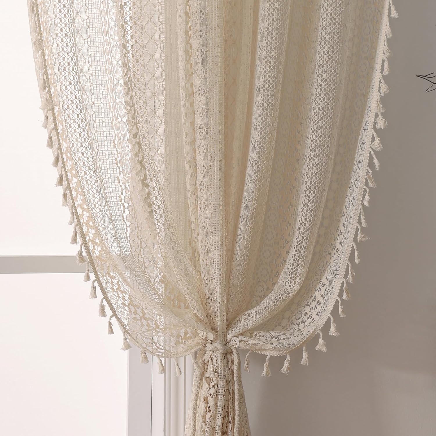Boho Crochet Curtains for Living Room Lace Curtains 84 Inches Long 2 Panel, Rod Pocket Vintage Tassel Bohemian Decor Geometry Striped Light Filtering Semi Sheer Curtain Drapes for Bedroom,Beige