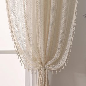 Boho Crochet Curtains for Living Room Lace Curtains 84 Inches Long 2 Panel, Rod Pocket Vintage Tassel Bohemian Decor Geometry Striped Light Filtering Semi Sheer Curtain Drapes for Bedroom,Beige