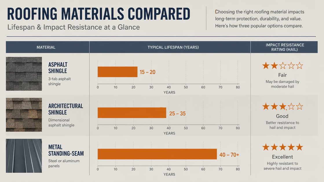 Data comparison chart of roofing material lifespan and impact rating