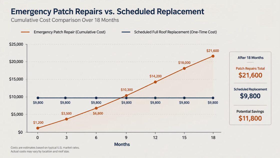 Bar chart comparing deferred repair costs to full replacement cost over time